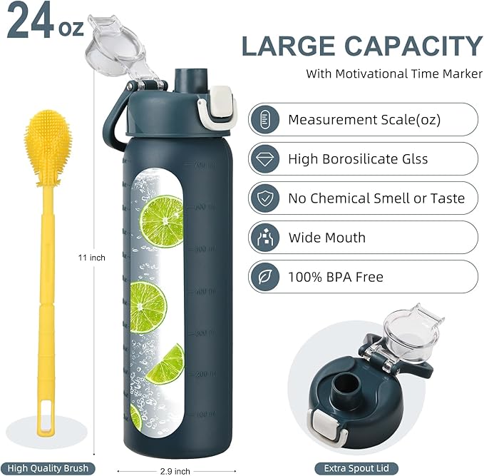 24 oz Glass Water Bottles with 2 Lids-Handle Spout Lid & Straw Lid, Motivational Water Bottle with Time Marker and Silicone Sleeve,Leakproof-Dark Blue-1 Pack