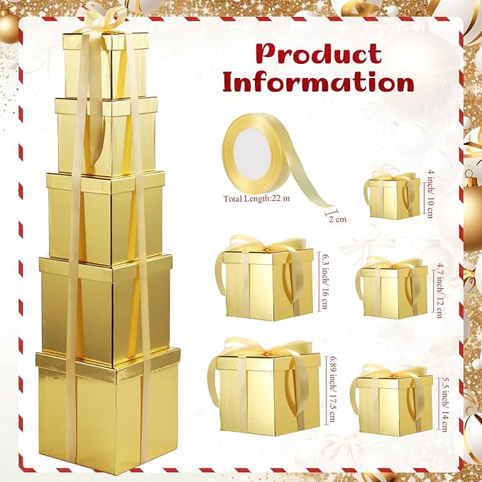 Cholemy 5 Pcs Square Nesting Boxes Decorative Gift Boxes with Lid and Ribbon Assorted Sizes Wrap for Wedding, Thanksgiving, Christmas, Anniversary, Birthday, Bridal Party(Shiny Gold)