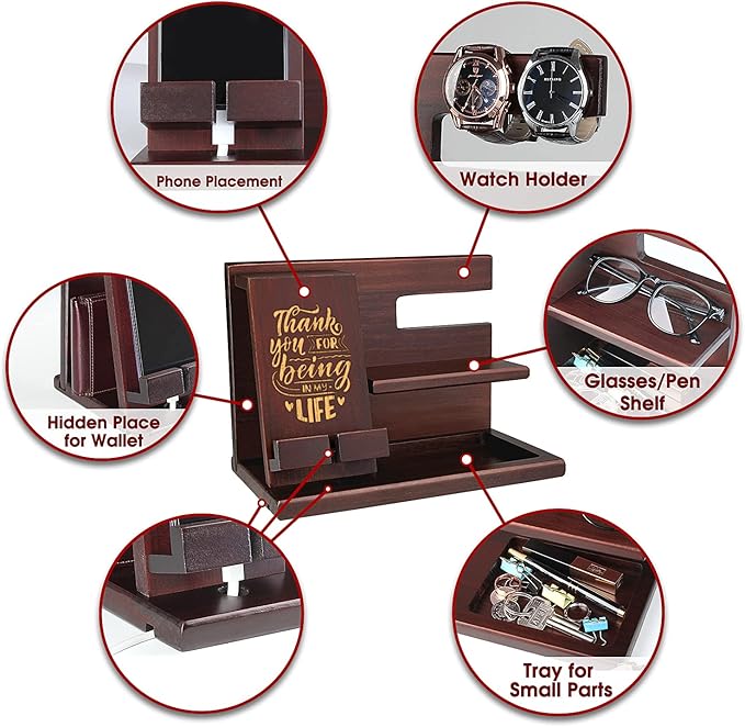 awofer Personalized Idea for Husband Boyfriend - Customized Wood Phone Docking Station for Men - Nine Styles - Birthday Christmas Anniversary Idea for Him - Nightstand Organizer for Men