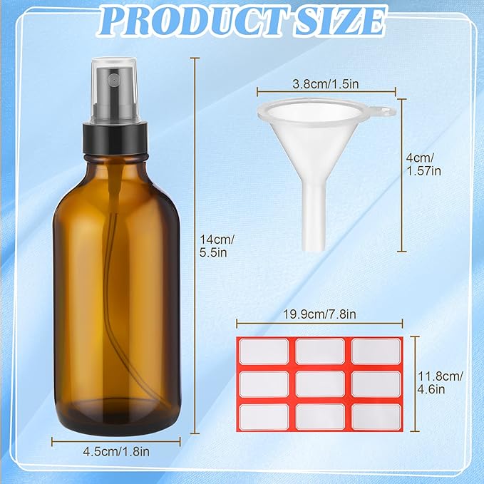 Fumete 36 Pcs Glass Spray Bottles 4oz Fine Mist Glass Spray Bottle Refillable Liquid Containers with 6 Labels 6 Funnel for Hair Travel Plants Cleaning Solutions Skin Care(Amber,Classic)
