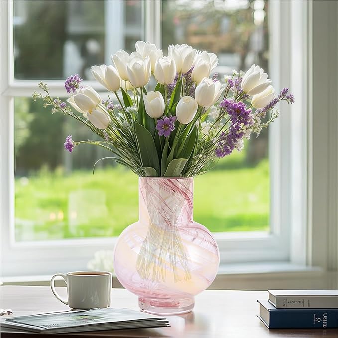 Pink Hand Blown Glass Wide Mouth vase for Home Decoration Short Round Glass vase for Living Room, Dining Table, Bookcase, TV Cabinet, Bookshelf and Office Desktop Decoration.