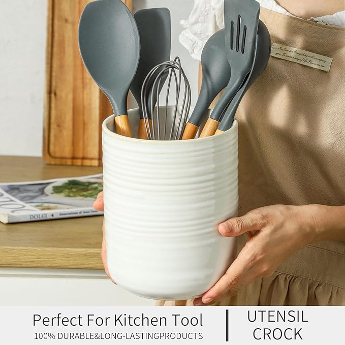 HASENSE Large Utensil Holder, 7.4" x 6.2" Ceramic Utensil Holder for Kitchen Counter, Utensil Oganizer for Utensil Set, Farmhouse Cooking Utensil Crock for Kitchen Decor, Clay-Infused White