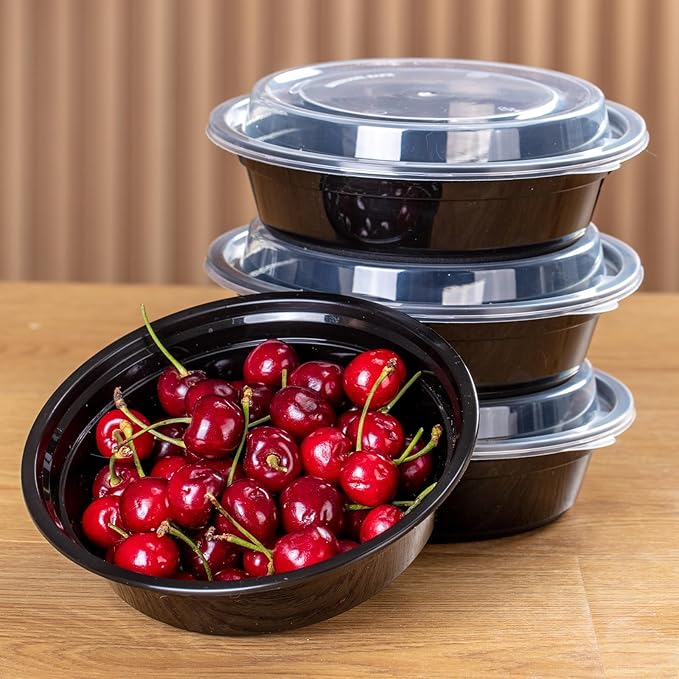 Meal Prep Containers with Lids, Round Shape, 50 Packs (100 Pieces) 24 Oz, Black Color, Meal Bowls, Round To Go Containers, BPA-Free, Freezer & Dishwasher Safe