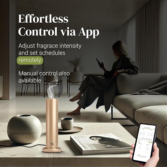 Dynamo Hotel Scent Diffuser – Cold-Air Essential Oil Diffuser for Home & Large Rooms up to 1000 sq ft, App & Manual Control, Hypoallergenic, Includes White Tea Fragrance Sample – Gold