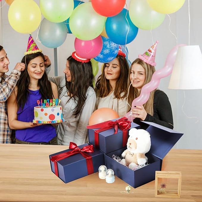 4 Pack 9.5x7x4 Inches Gift Boxes with Magnetic Closure Lids, Blue Magnetic Box for Wedding, Groomsmen Bridesmaid Proposal, Birthdays, Mother's Day