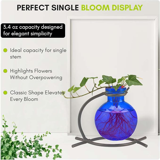 Couronne Company M501-200-15 Casablanca Recycled Glass Vase & Metal Stand, 4", Cobalt Blue, 1 Piece