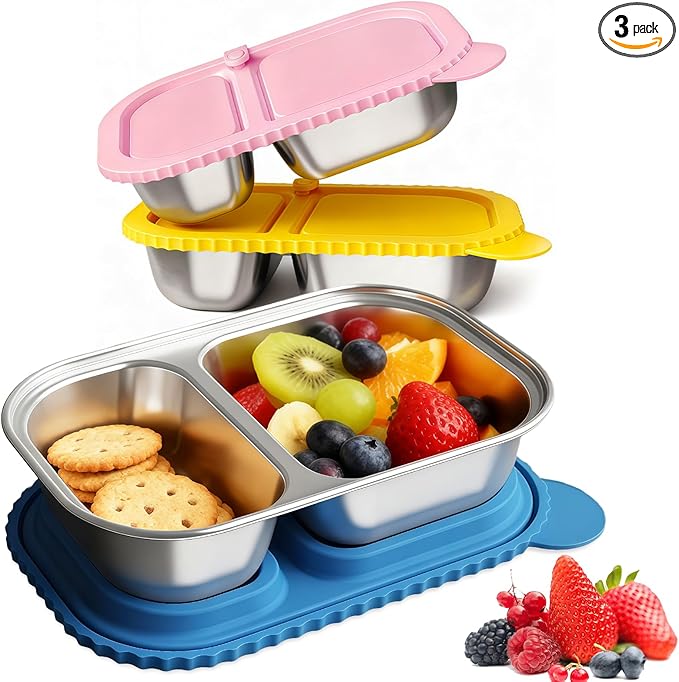3 Pack Stainless Steel Snack Containers, Reusable Snack Containers with Lids, 2 Compartment Food Storage Containers, Lunchable Container for Kids, Office, Travel, Picnic