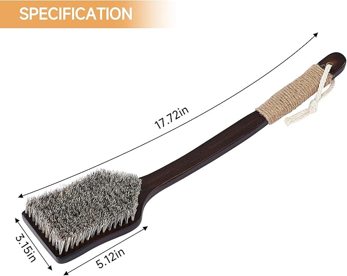 Back Scrubber Shower Brush,Dry Brushing Body Brush with 17.7 Inch Curved Long Handle, Natural Bristles for Lymphatic Drainage, Soft & Stiff Bristles Available (Soft-Fine Boar Bristles)