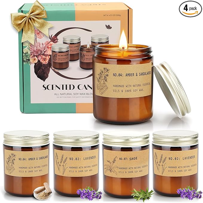 Christmas Candle Gift Set, Holiday Scented Soy Candles for Home & Women, Long Lasting Natural Soy Wax Aromatherapy Candles for Relaxation, Meditation & Gift Giving – Pack of 4