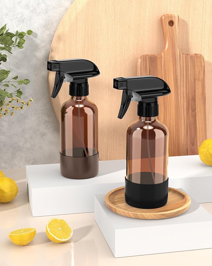 Glass Spray Bottle with Silicone Sleeve Protection, Amber Glass Spray Bottle Set for Window Cleaner Aromatherapy Facial Hydration Watering Flowers Hair Care 2 Pack/8 oz (Black & Brown)