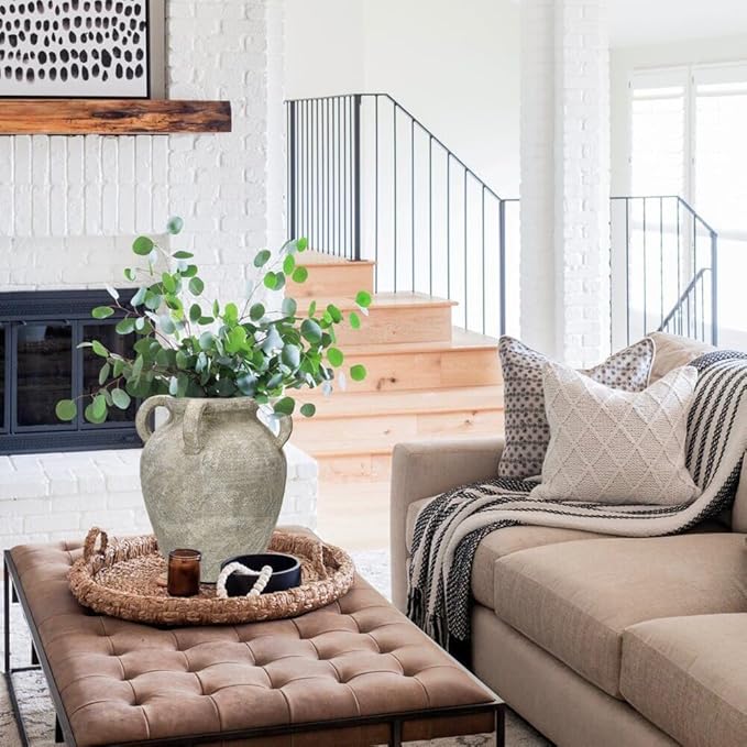 Handmade Flower Vase, 12" Tall Terracotta Vase, Green Vintage Ceramic vase, Rustic Antique Decor with 3 Handles, Wide Mouth, Matte Finish for Home Office Resto Café Décor