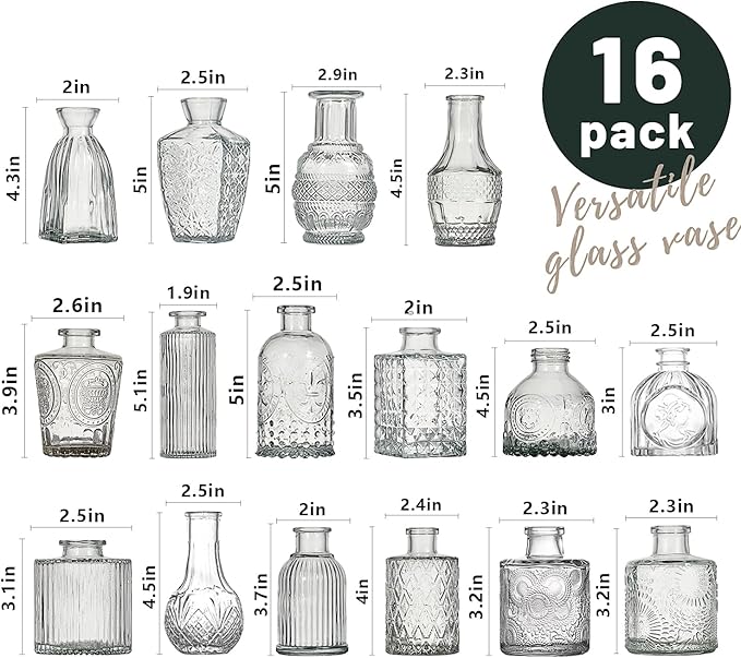 Glass Bud Vase Set of 16 Pcs Small Minimalist Vases for Flowers, Vintage Rustic Home Decor for Table Centerpiece Wedding Party, Modern Clear Aromatherapy Bottle for Living Room Bedroom