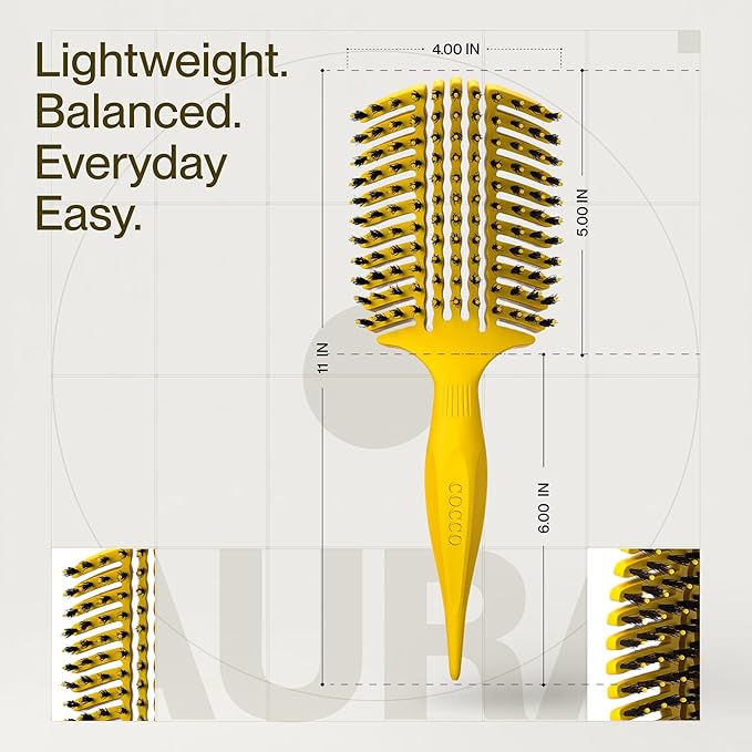 COCCO Aura Vent Boar Brush | Vented Dual-Curved Design for Faster Drying, Effortless Detangling & Shine, Boar + Nylon Bristles, Ergonomic Comfort Handle for Wet & Dry Hair Styling - Yellow