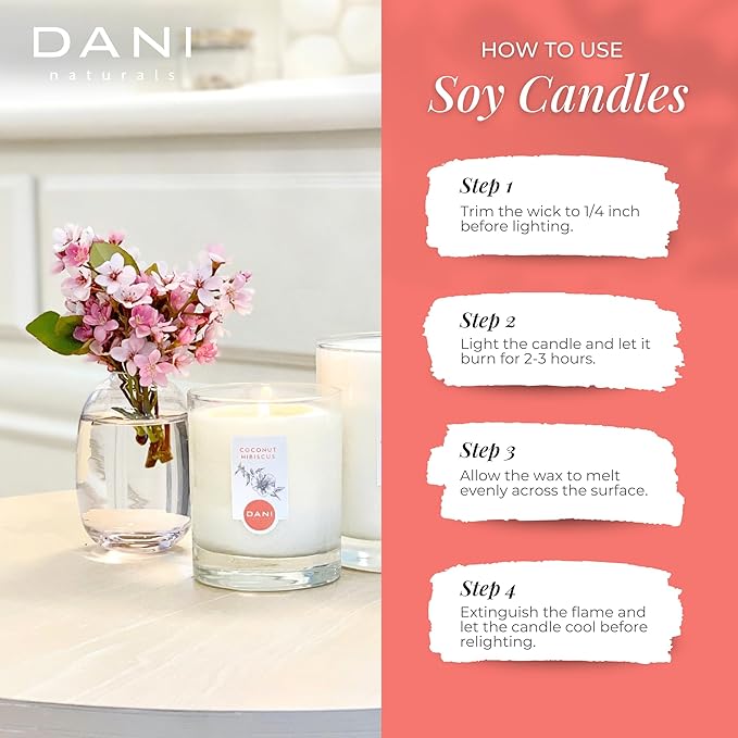 DANI Naturals Soy Candle - Coconut Hibiscus Scented, 100% Pure Soy Wax, Kosher, Non-Toxic, Long-Lasting Burn - 7.5 oz