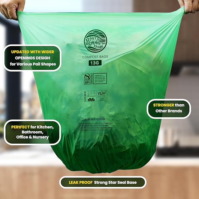 Trash bags 13+ gallon tall kitchen,100count,Extra Thick1.11 Mills,Compostable bags,Kitchen Compost Trash Bin Compatible,Certified by BPI and OK Compost
