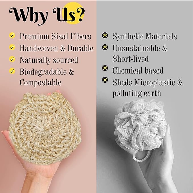 Natural Handwoven Sisal Loofah Body Scrubber - Organic Shower Sponge Made from Premium Agave Fibers - Arabic-Turkish Style with Bar Soap Pouch - Natural Body Scrubber for Men & Women (3-Pack)