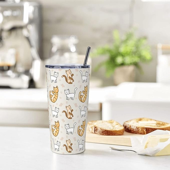 Cute Cat Tumbler,Cat 20oz Stainless Steel Insulated Travel Tumblers,Travel Coffee Mug with Lid and Straw Water Bottle Drink Tumbler Cups Gifts for Women Men Lovers