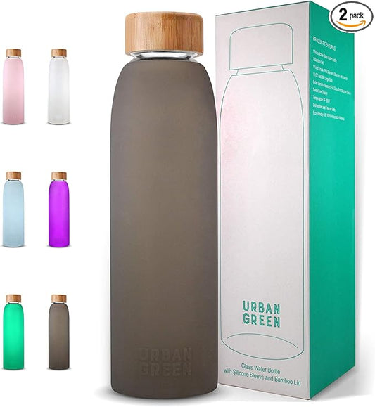 Glass Water Bottle with Protective Silicone Sleeve and Bamboo Lid by Urban green, 18oz, 1extra 304 Stainless Steel Lid with Handle, BPA Free, Dishwasher Safe, Gift Box, Father's day gift