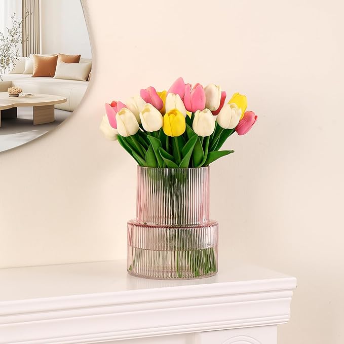 Pink Glass Vase, Ribbed Glass Vase for Tulips, Flower Vases for Bouquet, Pink Modern Vases for Living Room, Dining Table, Entryway, Mantle, Shelf, Wedding, Office, 7.5 Inches