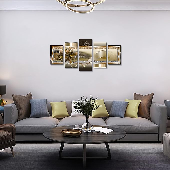 LUDUHU Yellow Orchid Flowers Canvas Print - Abstract Wall Art Painting Decor for Home Decoration Artwork Picture Bedroom Yellow Lily Floral (D,Oversize 40x20inch)