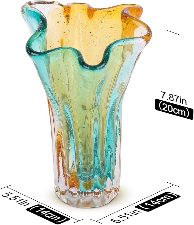 Hand Blown Wide Mouth Petal Glass vase, Colorful Modern Glass Art Home Decoration vase for Family Living Room, Wedding Venue, Dining Table Centerpiece, entryway Tabletop