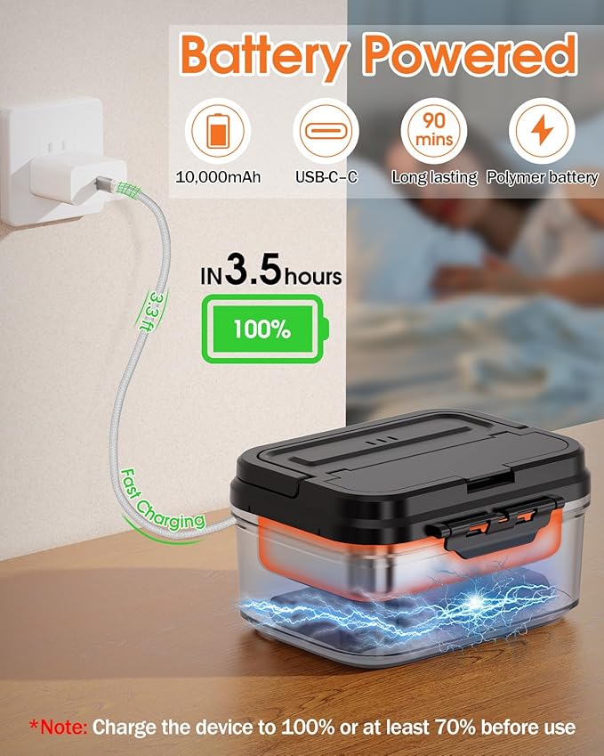 Cordless Electric Lunch Box for Adults – Battery-Powered Heated Lunch Box with 1.2L Stainless Steel Container, Timer Function, and Leak-Proof Food Warmer for Work, Travel & Office