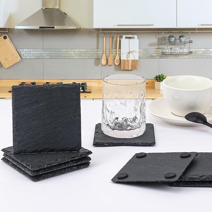 20 Pack 4 Inch Square Slate Coasters,Black Stone Coasters with Anti-Scratch Bottom, Ideal for Home Decor, Bar, Housewarming Gifts, and Laser Engraving KUKLIPJIM
