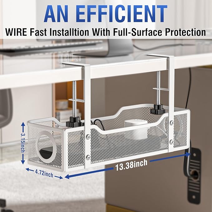 Under Desk Cable Management Tray - GZOKMOG No Drill Cord Organizer with Clamp, Workspace Organizers for Cords, Metal Mesh Wire Management for Home and Office, 2 Pack White, 13.38 inch
