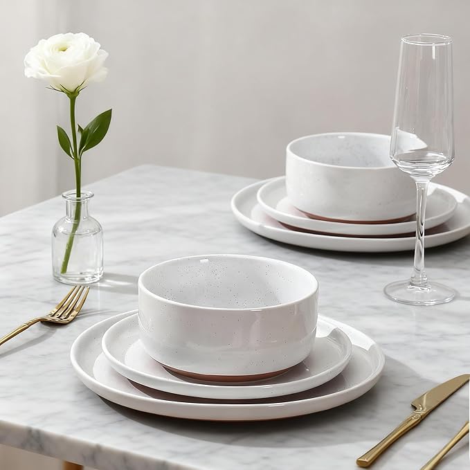 GZG Modern Art Series - 6 Pcs Speckled Stoneware Plates and Bowls Sets, Ceramic Dinnerware Set with Rustic Terracotta Underside, Microwave and Dishwasher Safe Handcrafted Dishes Set - Porcelain White