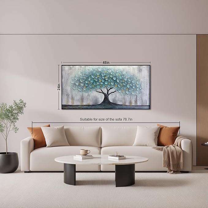 Teal Blue Tree of Life Canvas Wall Art for Living Room, Hand Painted Modern Abstract Textured Painting, Large Framed Panoramic Landscape wall art for Living Room, Bedroom, Office, Home Decor 48"x24"