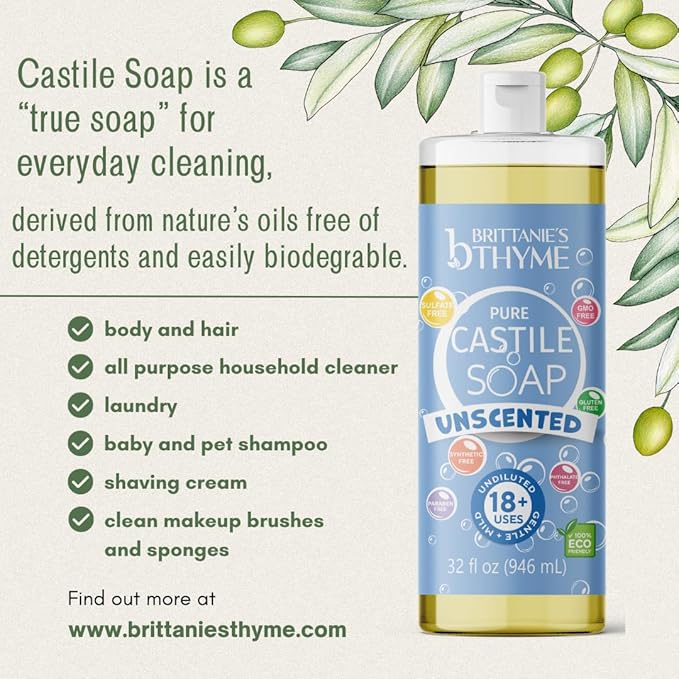Brittanie’s Pure Castile Liquid Soap Refill, Unscented, 32 Ounce Pack of 2 | Dish Soap, Hair & Body, Home, Gentle and Pure, Made with Natural Luxurious Oils, Vegan & Gluten Free Non-GMO