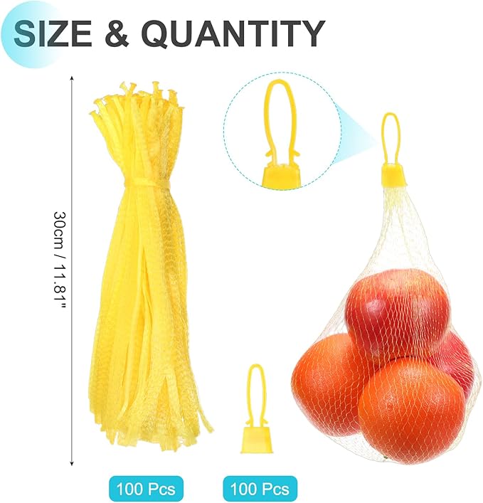 uxcell 100 Pcs Reusable Mesh Produce Bags, 30cm/12 Inch Washable Net Storage Bags Reusable Grocery Reusable Storage Bags with Plastic Buckle for Fresh Fruit Vegetables Seafood, Yellow