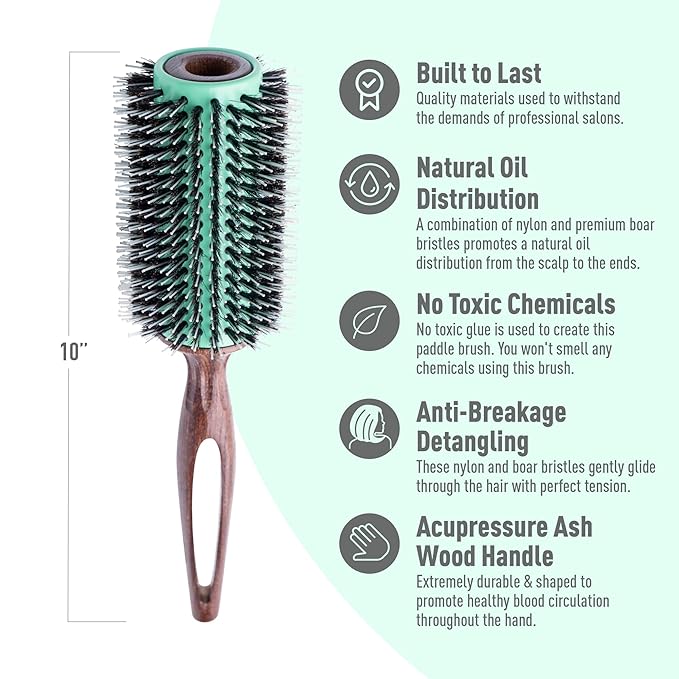 MINT Eco-Friendly Boar Bristle Round Brush for Blow Drying | Durable Blowout Styling for All Hair Types | Ceramic Round Brush with Hand-Crafted Wooden Handle (40 mm)