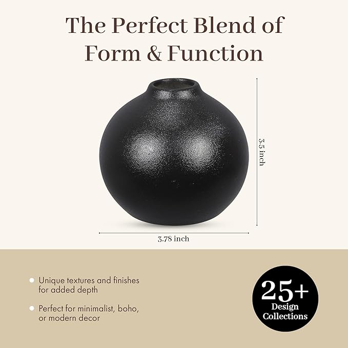 Young's Inc Stoneware Black Rounded Vase – Modern Minimalist Decorative Accent for Table, Shelf, and Centerpieces, Small Matte Black Flower Vase, 3.5” Tall