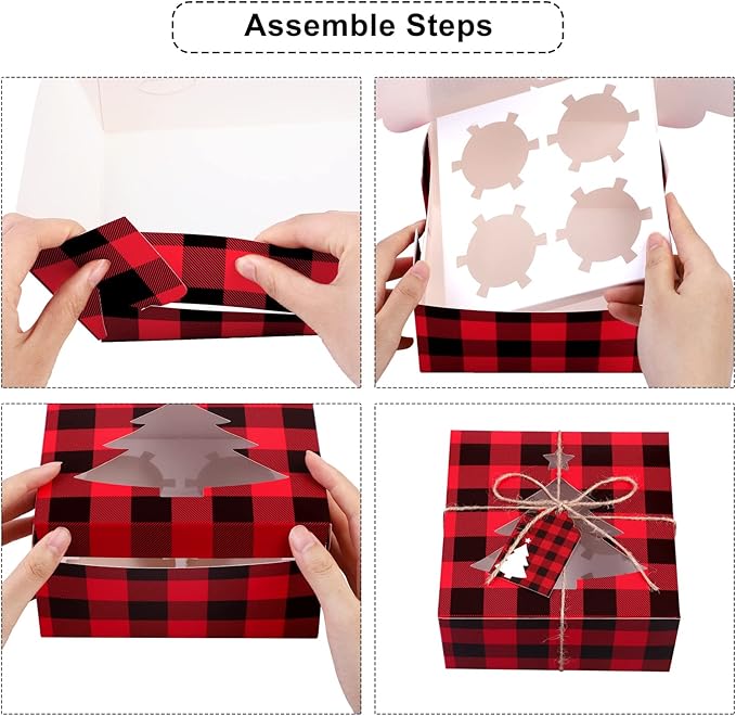 Ruisita 30 Pack Christmas Cupcake Boxes Plaid Cookie Gift Boxes Food Treats Container with Tags for Cupcake, Candy, Party Favors (Red+Black, 6.3 x 6.3 x 3 Inches)