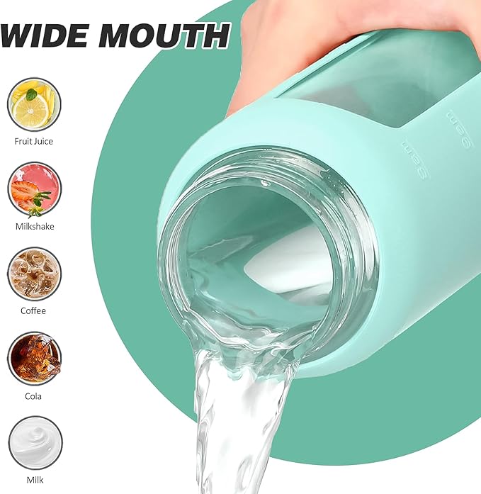 32oz Glass Water Bottle with Straw and 2 Lids- Bamboo and Spout Lid,Motivational Sports Water Bottle with Silicone Sleeve and Time Marker,Reusable for Gym, Outdoors, Mint Green