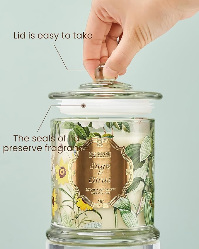 M&SENSE Sage Citrus Scented Candles, Natural Organic Soy Candle 12.7oz 75H Long Lasting Slow Burning, 2 Wick Large Jar Candle Stress Relief, Fall Winter Thanksgiving Christmas Housewarming Gift