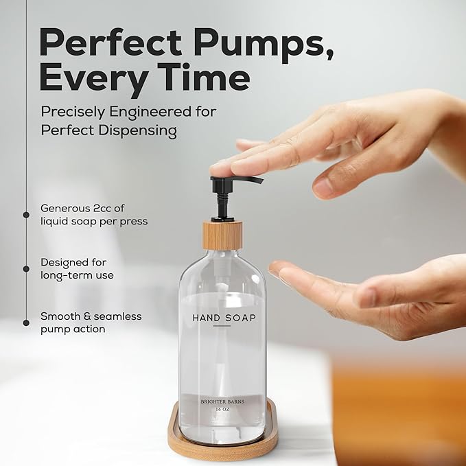 Clear Glass Soap and Lotion Dispenser Set with Tray by Brighter Barns - Hand Soap Dispenser Bathroom Set - Liquid Soap Dispenser and BPA-Free Pump - Neutral Home Decor & Modern Bathroom Accessories