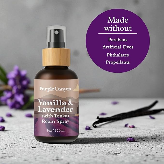 Purple Canyon Vanilla & Lavender with Tonka Room Spray — 4 oz Natural Linen & Room Freshener — Soothing Floral & Sweet Aroma — Spa-Like Relaxation — Premium Natural Fragrance Oils