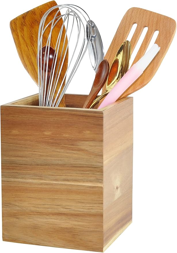 Spiretro Acacia Wood Kitchen Utensil Holder & Organizer – Countertop Cutlery Storage for Cooking Utensils, Spoons, Spatulas, Forks, Whisks & Knives – Lead-Free Lacquer, 5" W x 5" D x 6.5" H
