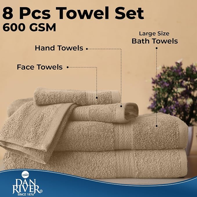 DAN RIVER 8 PC Luxury Bath Towels for Bathroom, 2 Bath, 2 Hand, and 4 Wash Cloths, 600 GSM 100% Ring Spun Cotton Towel Set, Highly Absorbent, Gym, Hotel, and Spa, Tan