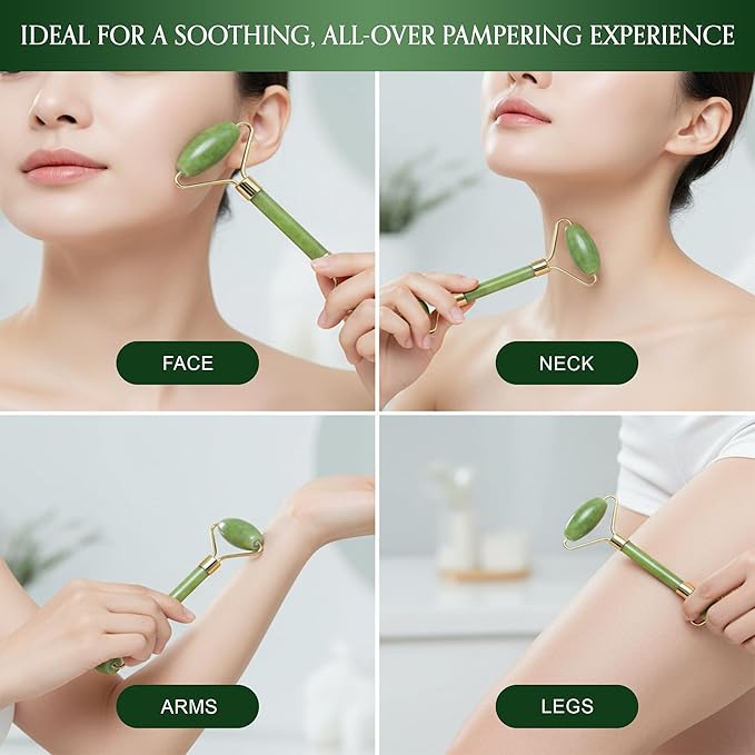 4-Piece Body Roller Jade & Authentic Jade Roller and Gua Sha Set for Face and Body Sculpting, Puffiness Reduction, Lymphatic Support, and Relaxing Spa Massage