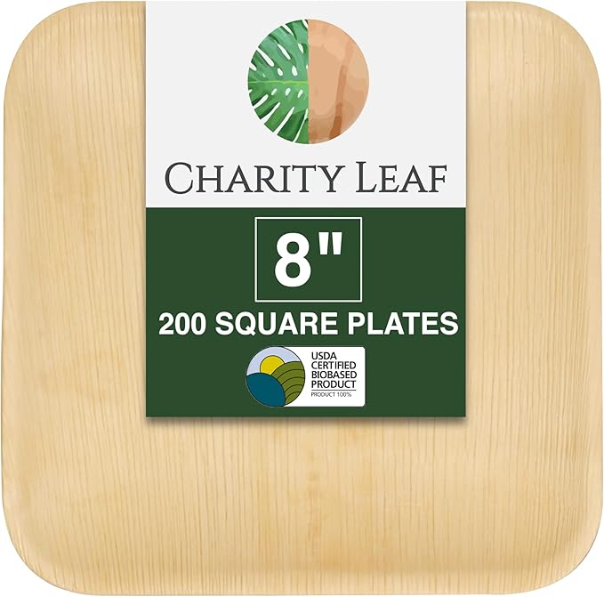 Charity Leaf Disposable 8" Square Palm Leaf Plates Bulk (200-pack) | Premium like Bamboo, Biodegradable, Heavy Duty, Natural | Perfect for Outdoor Parties, Weddings, Charcuterie, Catering Events