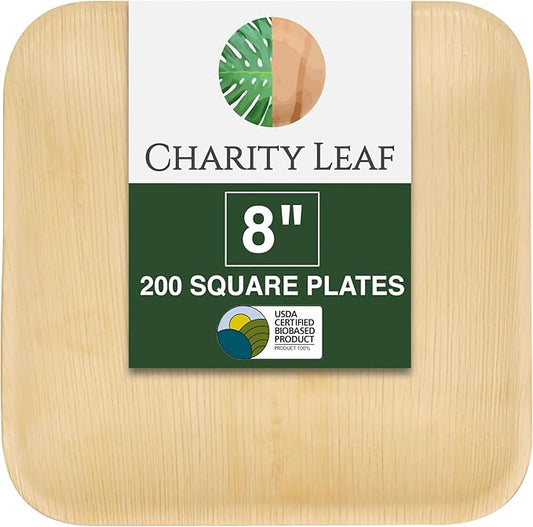 Charity Leaf Disposable 8" Square Palm Leaf Plates Bulk (200-pack) | Premium like Bamboo, Biodegradable, Heavy Duty, Natural | Perfect for Outdoor Parties, Weddings, Charcuterie, Catering Events