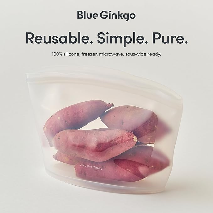 Blue Ginkgo Reusable Silicone Storage Bags – 3-Pack | Korean-Made Stand Up Food, Freezer Bags - Clear