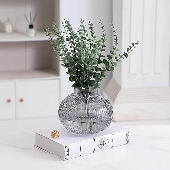 Black Glass Vase for Tulips, Ribbed Glass Vase for Flowers, Round Flower Vases, Small Short Vases for Living Room, Office, Coffee Table, Shelf, Wedding, 6 Inches