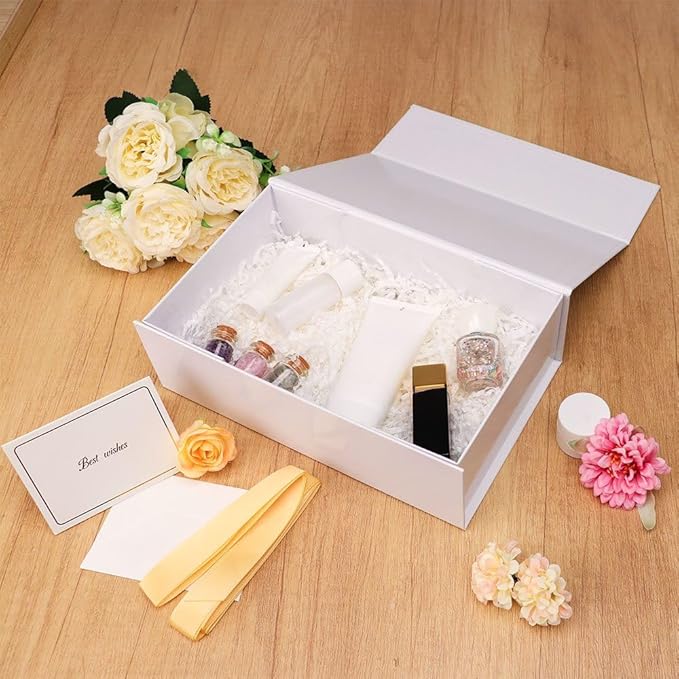 UoeRing 1 Pcs White Gift Box,9.5x6x3 Magnetic Gift Box for Presents with Lids Rectangle Collapsible for Bridesmaid Proposal Box,Wedding,Christmas,Birthday Gift Packging with Ribbon Card Envelope