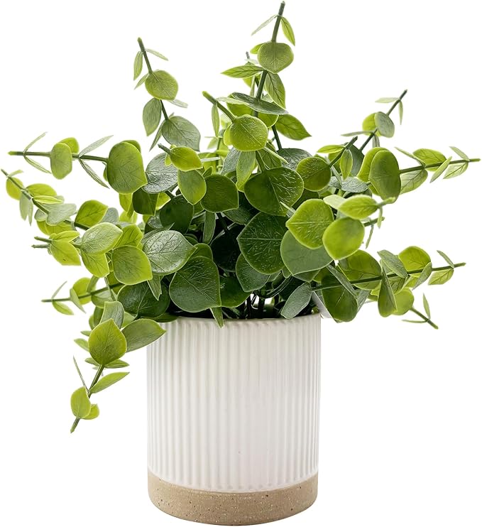 Small Fake Eucalyptus for Decorative Trays,9.5" Artificial Eucalyptus Ceramic Potted Plants for Office Desk,Faux Greenery Plant for Home Bathroom Floating Shelves Decor(Green)