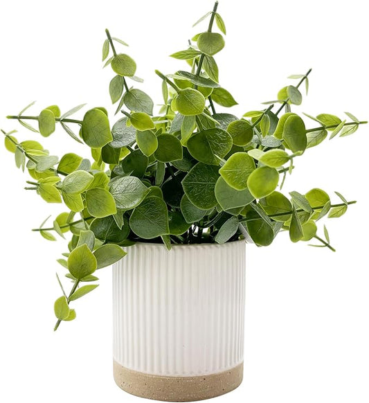 Small Fake Eucalyptus for Decorative Trays,9.5" Artificial Eucalyptus Ceramic Potted Plants for Office Desk,Faux Greenery Plant for Home Bathroom Floating Shelves Decor(Green)