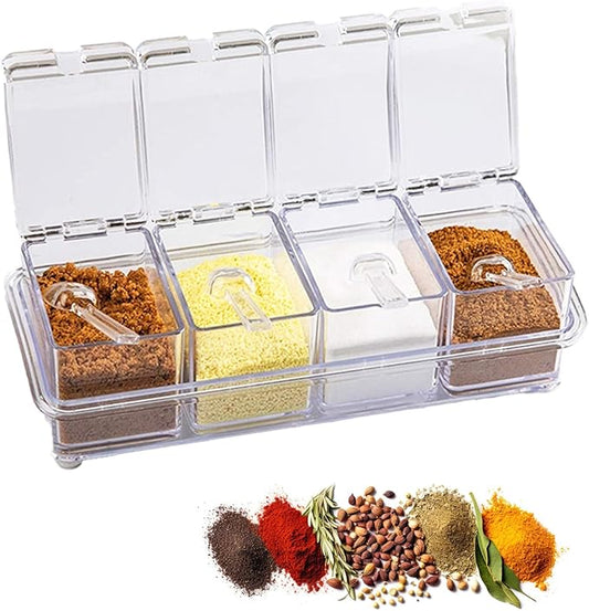 Seasoning Box Set, 4 Piece Clear Acrylic Spice Pots, Jars Condiment Containers with Cover and Spoon Seasoning Rack Storage Container Kitchen Cooking Organizer Tools for Spice Salt Sugar Cruet